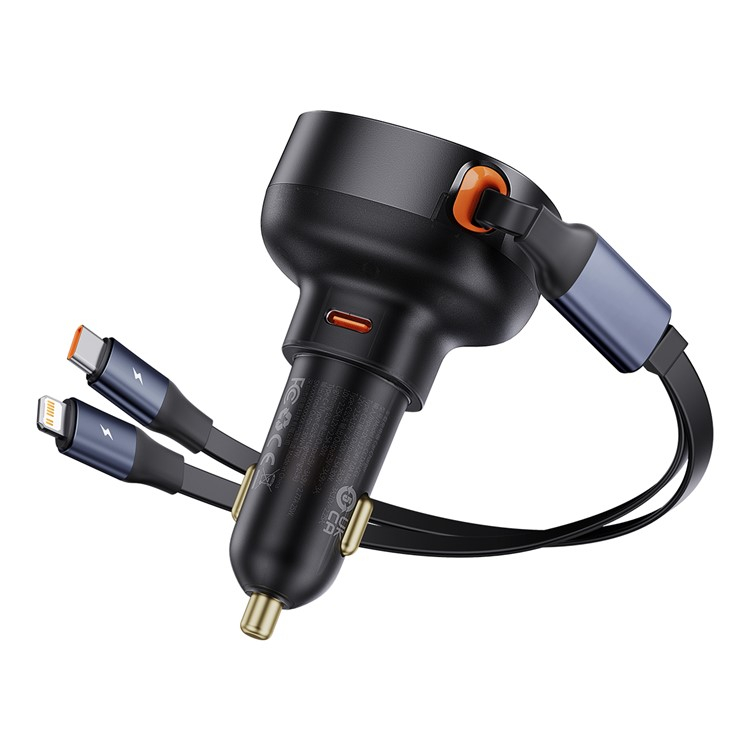 (55W) USB C Auto KFZ Ladegerät mit einziehbarem USB C / Lightning Kabel - Schwarz