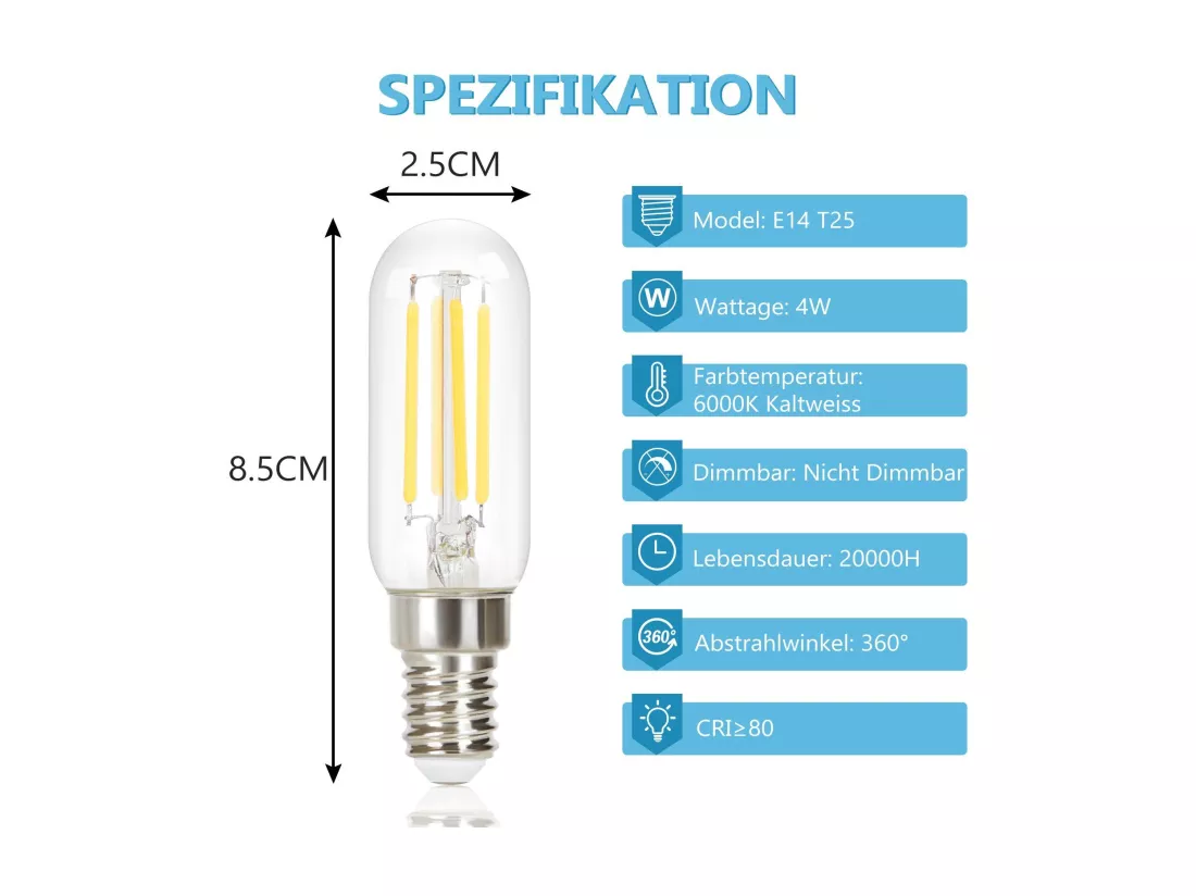NETTLIFE Lot de 4 ampoules LED E14 blanc froid vintage : ampoules T25 4 W 6000 K à économie d'énergie, style Edison avec filament pour hotte aspirante