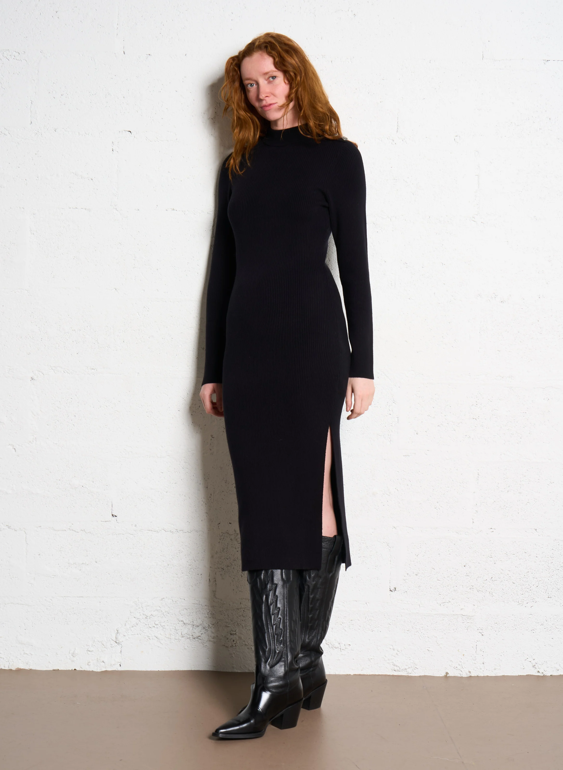 Robe midi col montant en coton mélangé | Noir