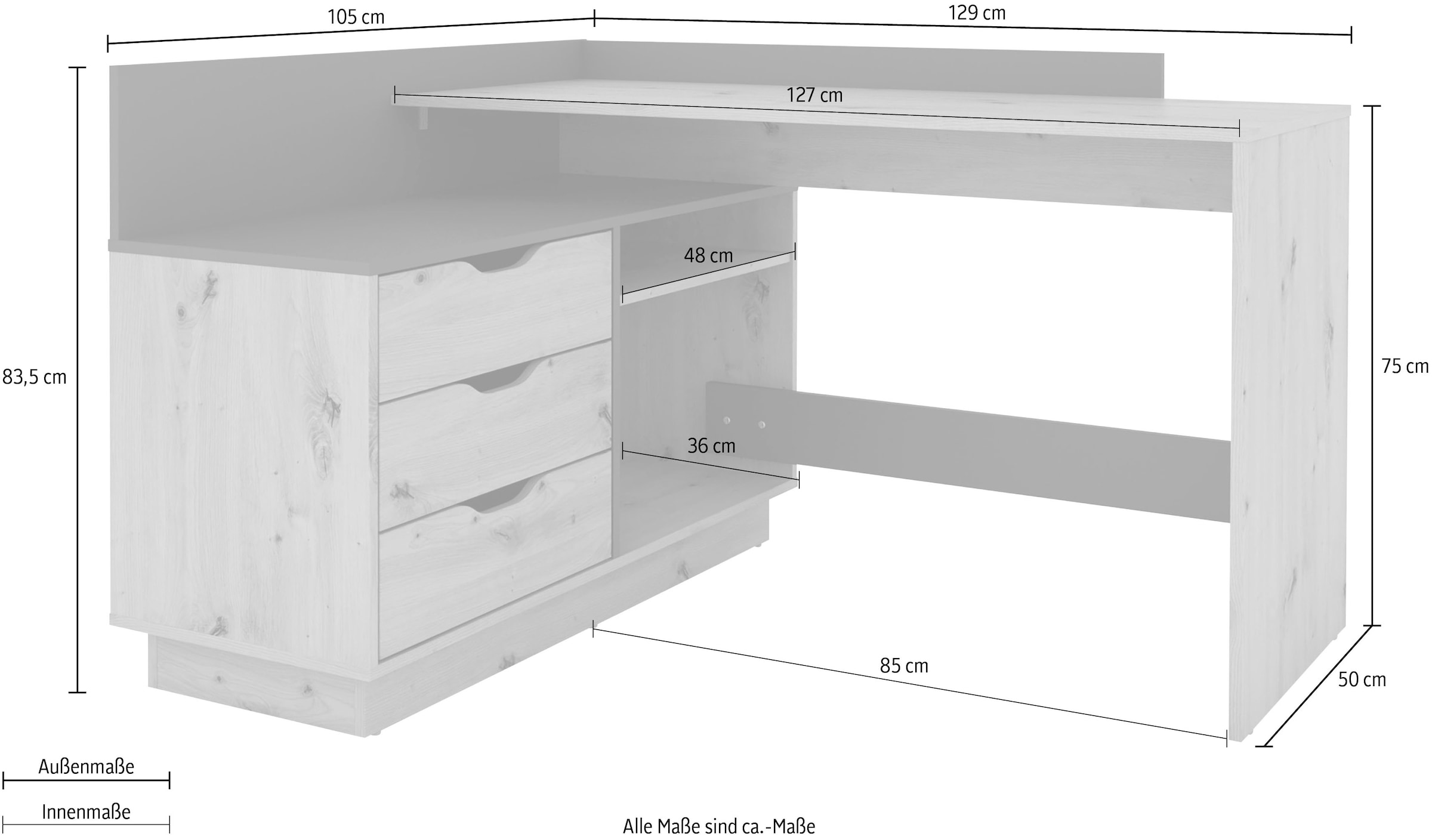 byLIVING Eckschreibtisch »Bern« mit viel Stauraum, Breite 129 cm, rechts oder links montierbar