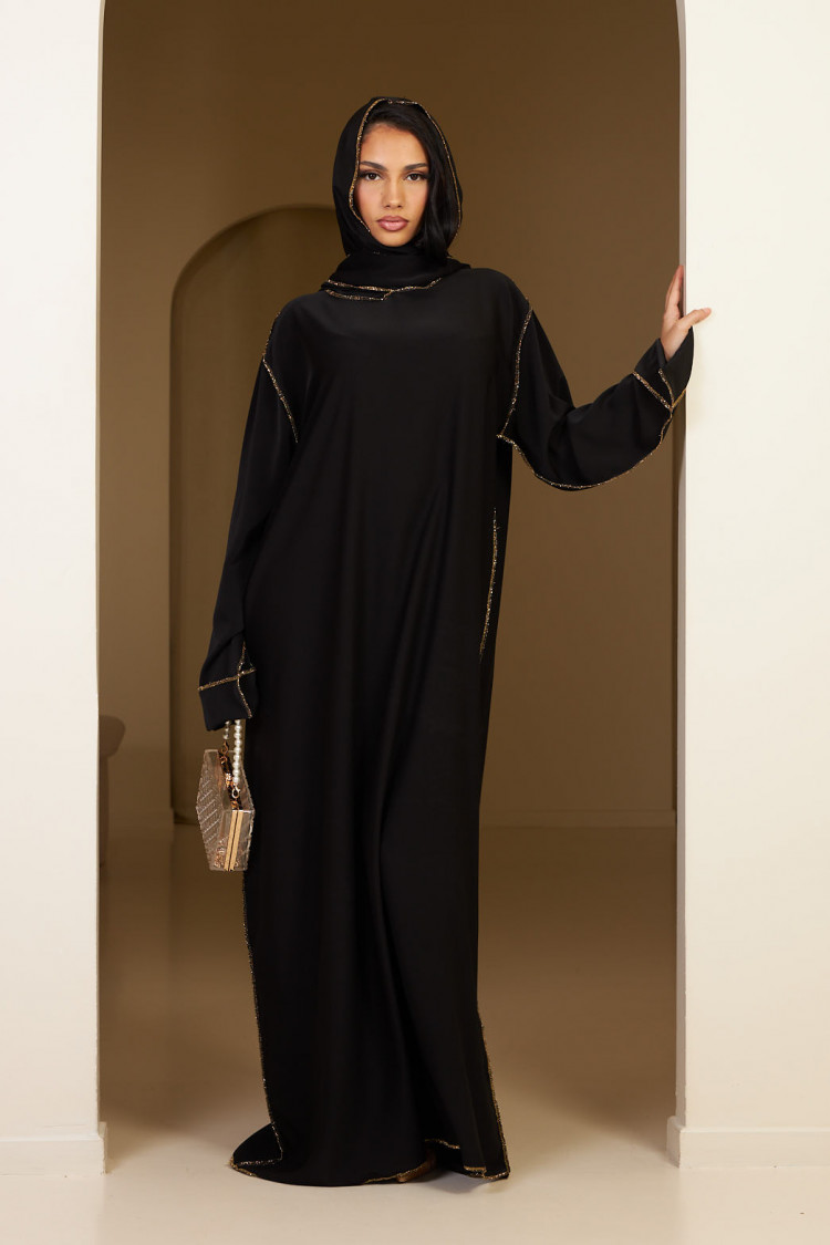 Abaya noire avec voile intégré à couture dorée