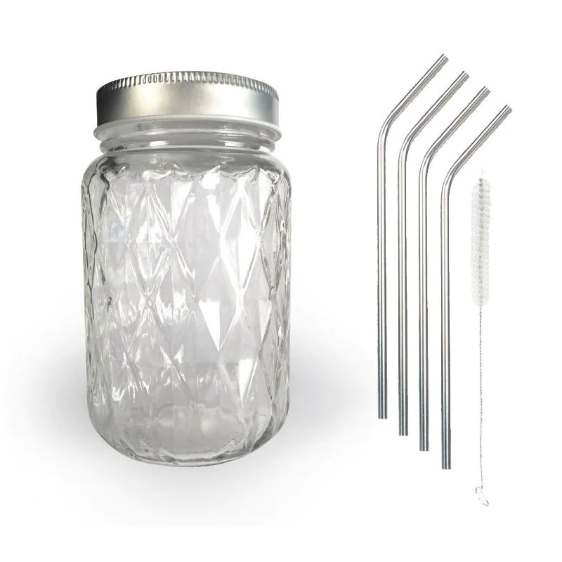 Bocal Mason Jar avec couvercle 37,5 cl diamant + 4 pailles en inox You