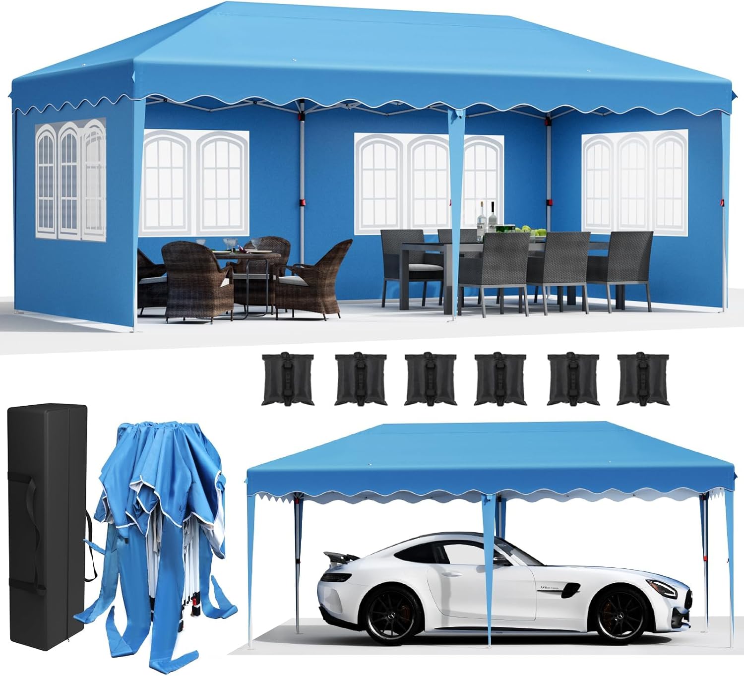 Pavillon 3x6 Faltpavillon mit 4 Seitenteilen 6 PCS Sandsack, Wasserdicht Partyzelt 420D Oxford Verdicken, Anti-UV 50+ Gartenpavillon, inkl. Tragetasche, Pavillons für Garten Party Hochzeit,Blau