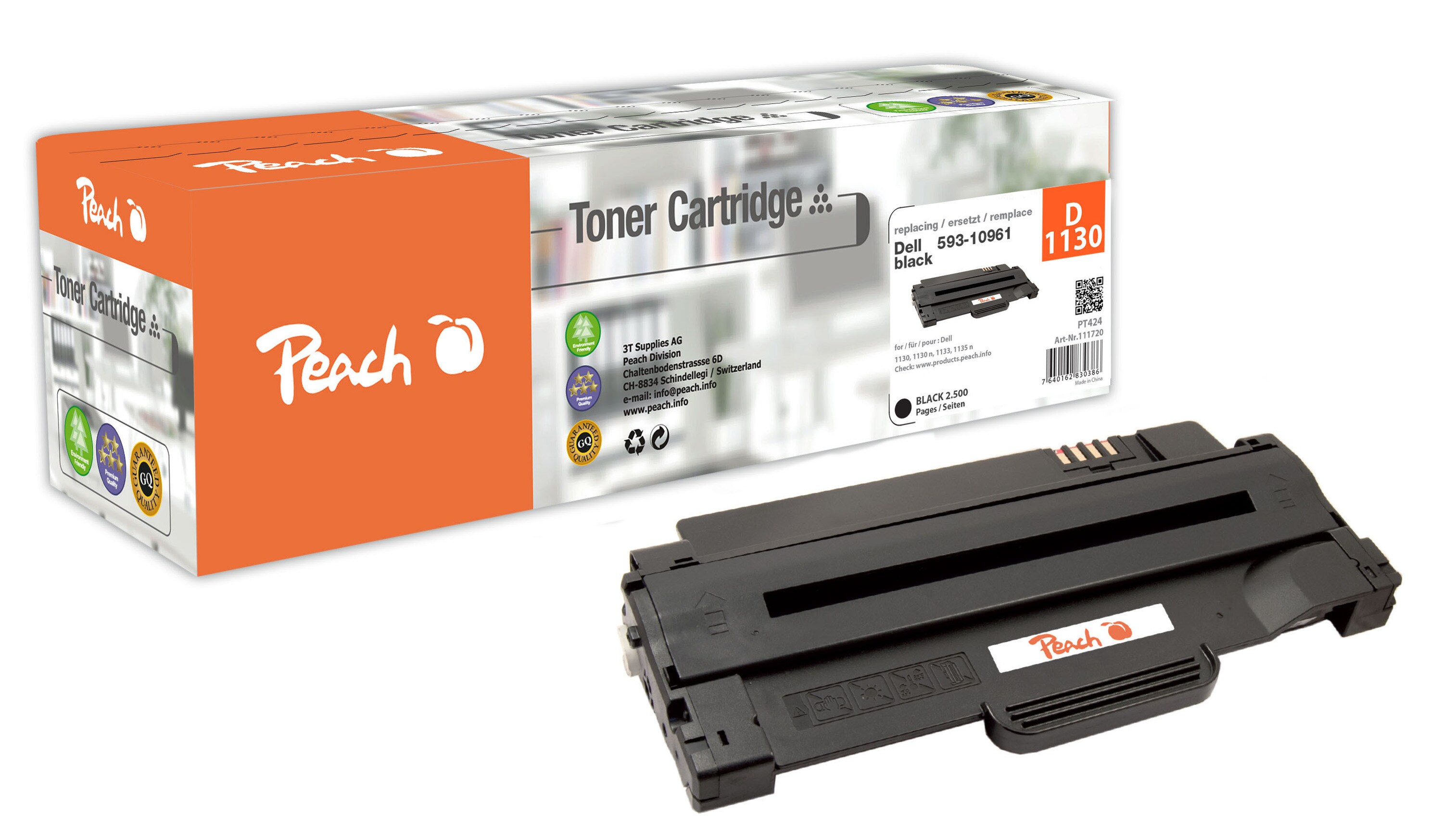 Peach D1130Toner bk ersetzt Dell 1130XLBK, 7H53W, 593-10961 für z.B. Dell 1130, Dell 1130 n, Dell 1133, Dell 1135 n (wiederaufbereitet)