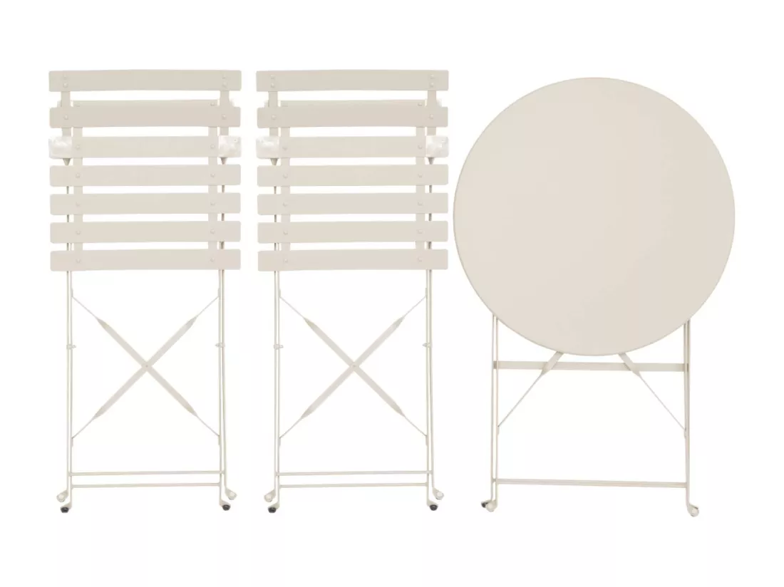 Table de jardin bistrot pliante métal + 2 assises beige Ø60 x 70cm. acier thermolaqué