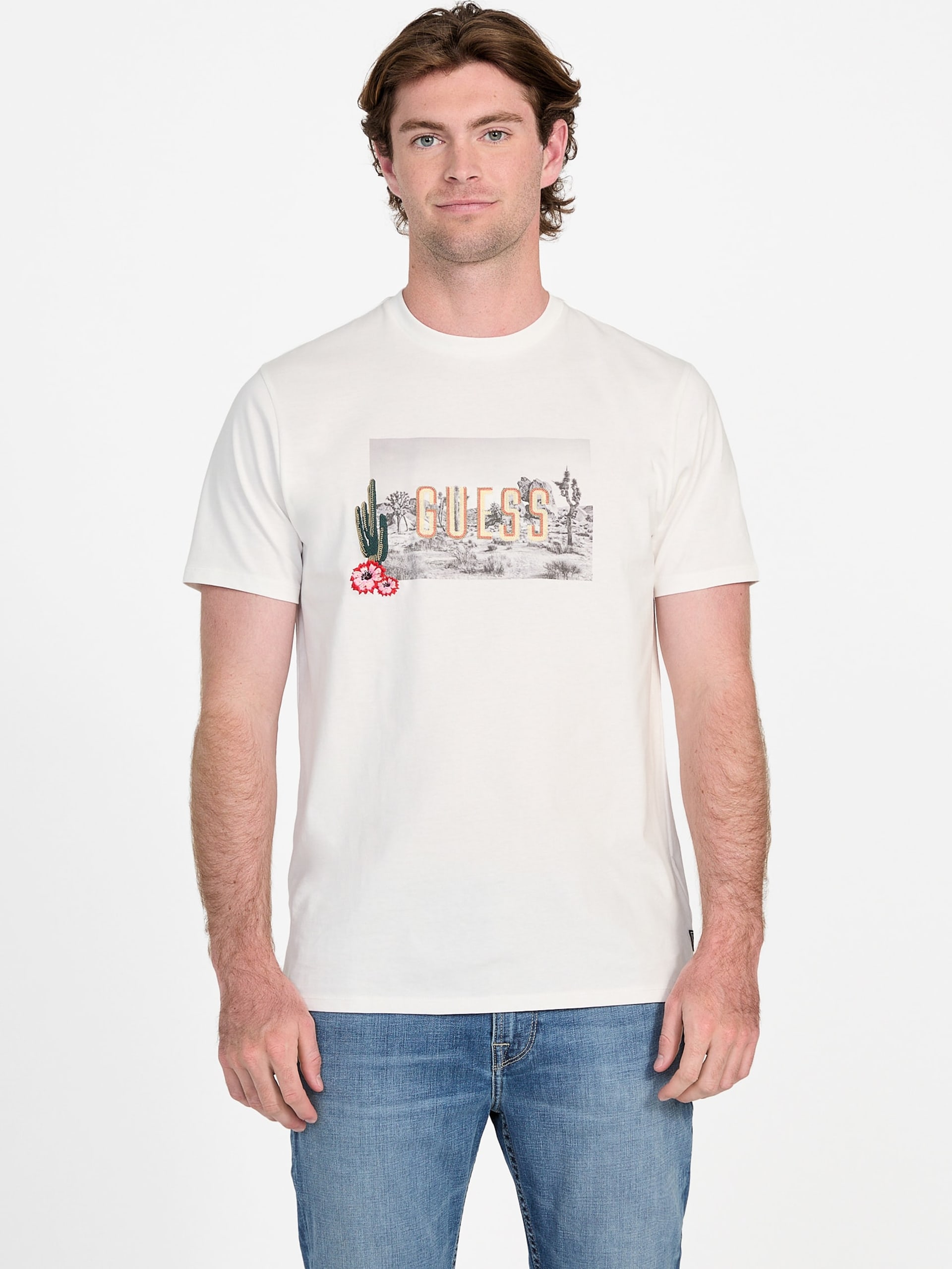 Camiseta bordada com estampa de jardim de cactos ecológicos