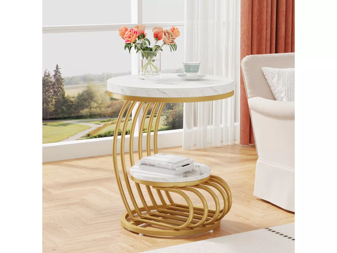 Table d'appoint en marbre Artificiel à 2 étages, Table de Chevet Moderne en Or Blanc avec Cadre en Forme d'arc en métal pour Salon (1PC)