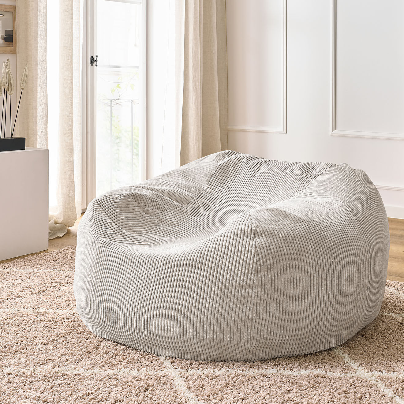 Bobochic Pouf ultra moelleux en Velours côtelé Voltaire beige - 120x70x60 cm