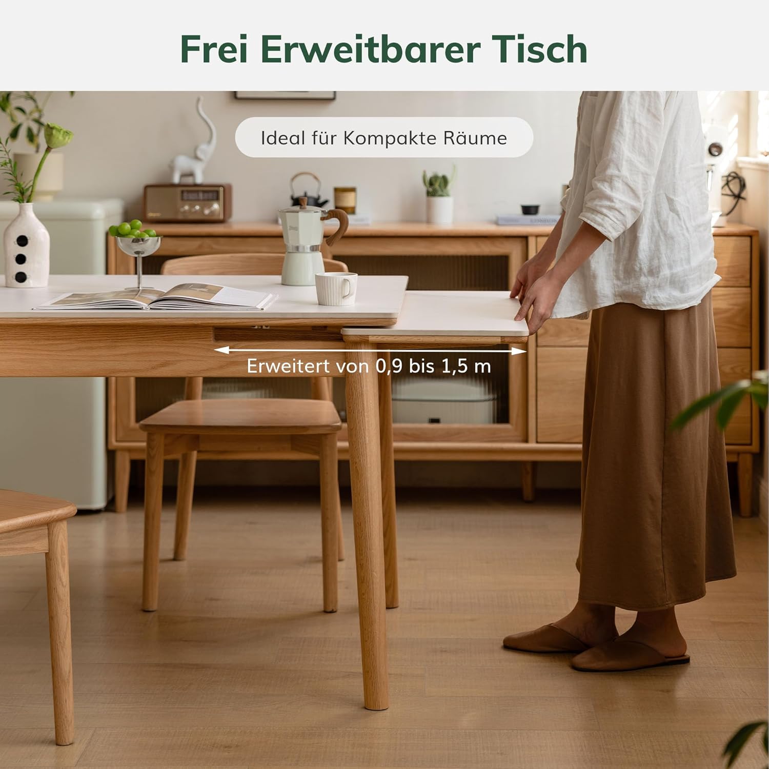 YESWOOD Esstisch ausziehbar aus massivem Gummibaumholz, Esstisch Keramik, 0 Furnier，ausziehbarer Tisch für 2 bis 6 Personen, für Esszimmer und Wohnzimmer (90-150) x 70 x 76 cm, Beige