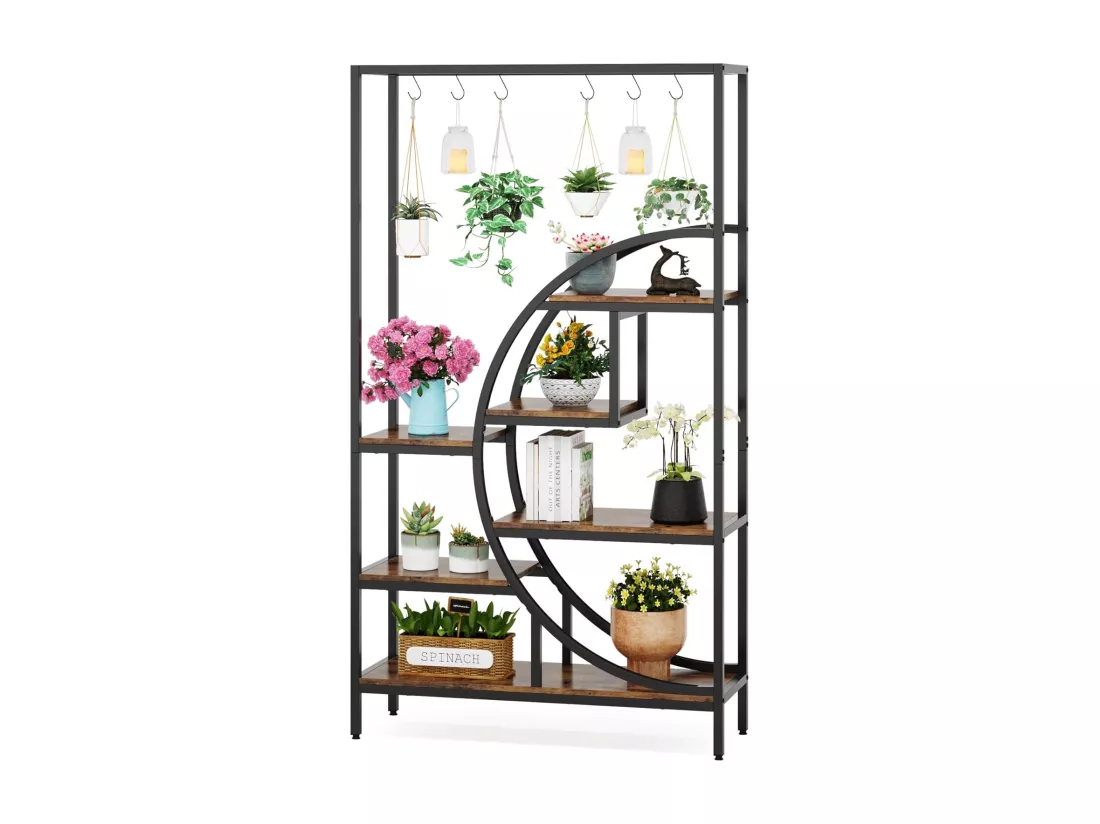Support pour plantes d'intérieur à 7 niveaux, étagère pour plantes en forme de demi-lune de 180 cm avec 6 crochets de suspension en S, 1pc