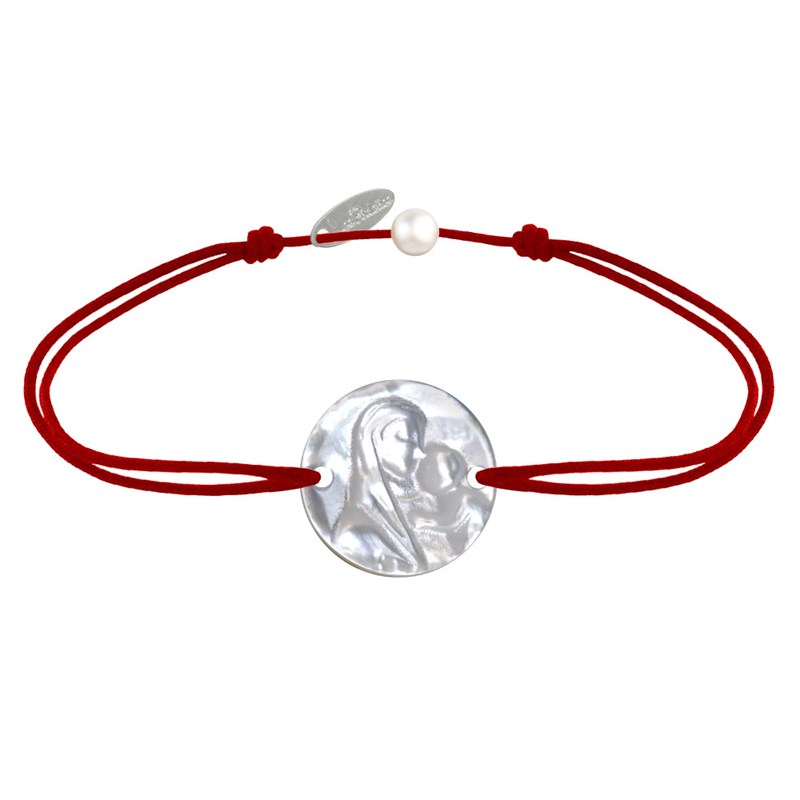 Bracelet Lien Médaille de Nacre Ronde Vierge à l'Enfant - Rouge