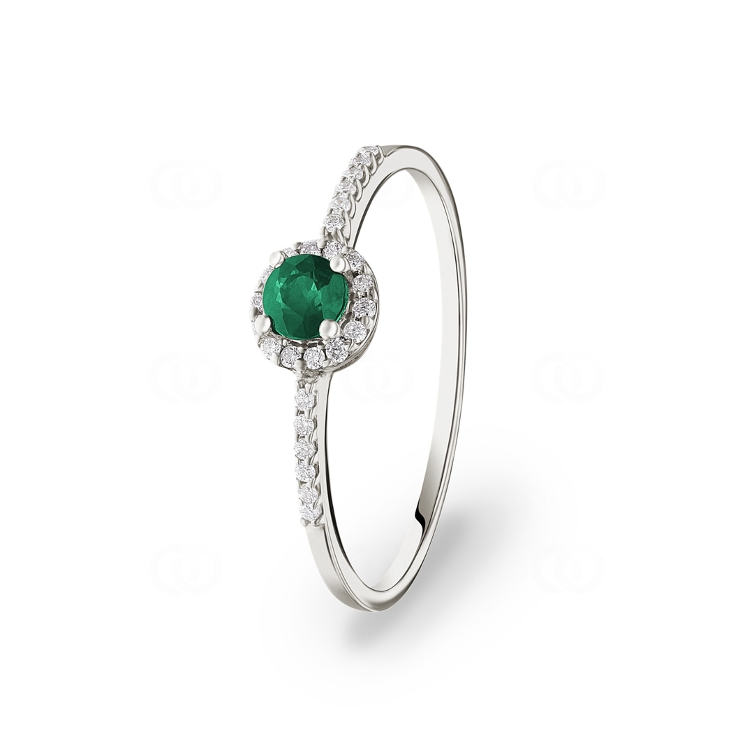 Damenring 750/18 K Weissgold mit Smaragd rund und Diamanten 0.07 ct H/si