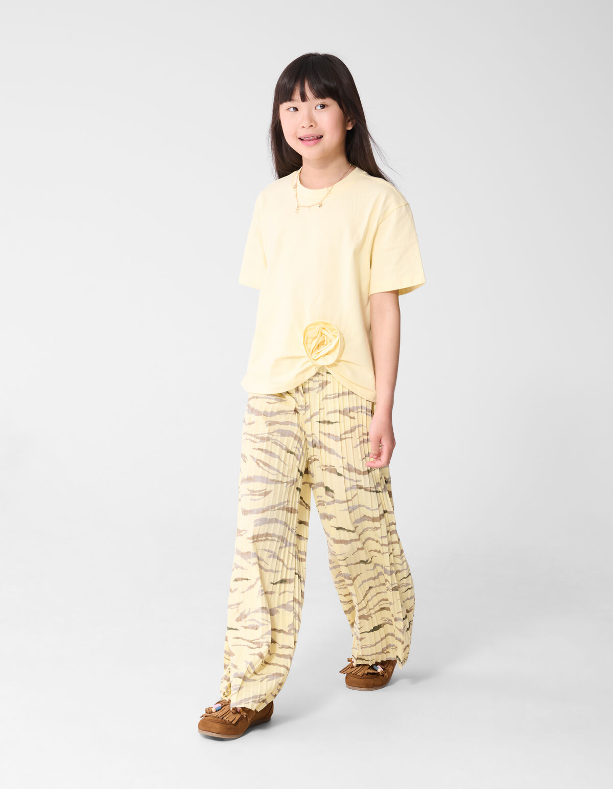 Tijger Plissé Wide Leg Broek Lichtgeel