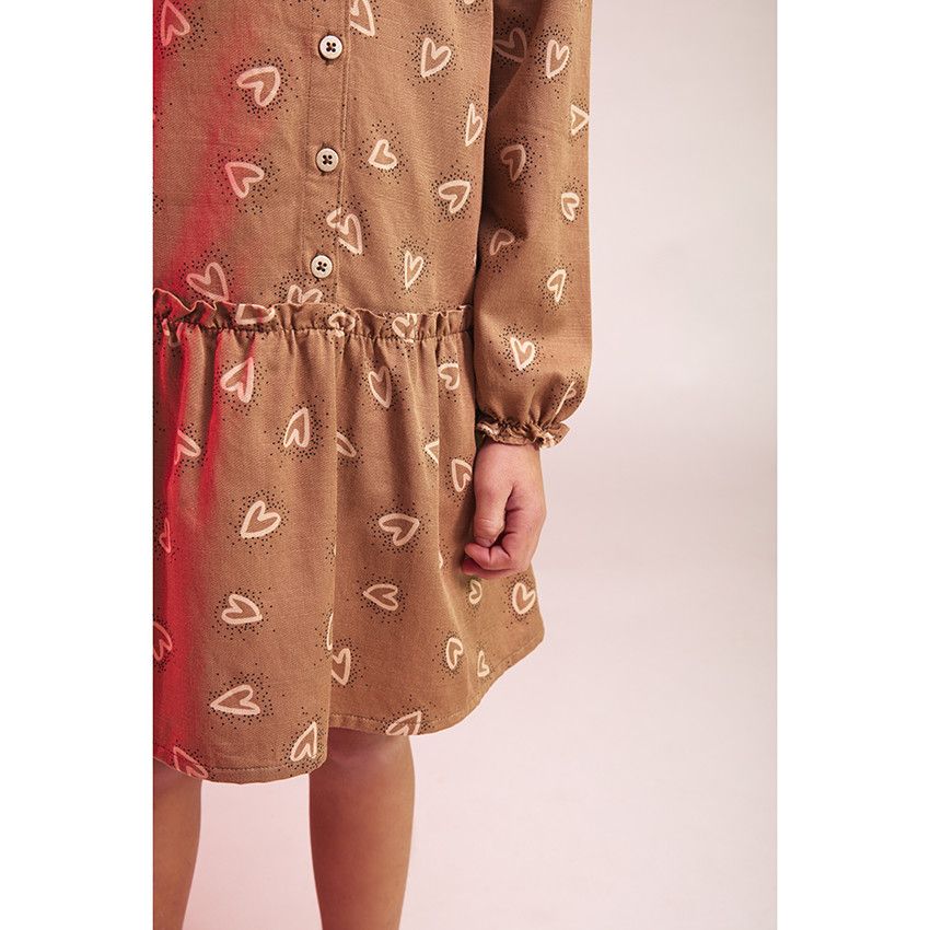 Robe manches longues en voile de viscose imprimé coeurs pour fille - Marron