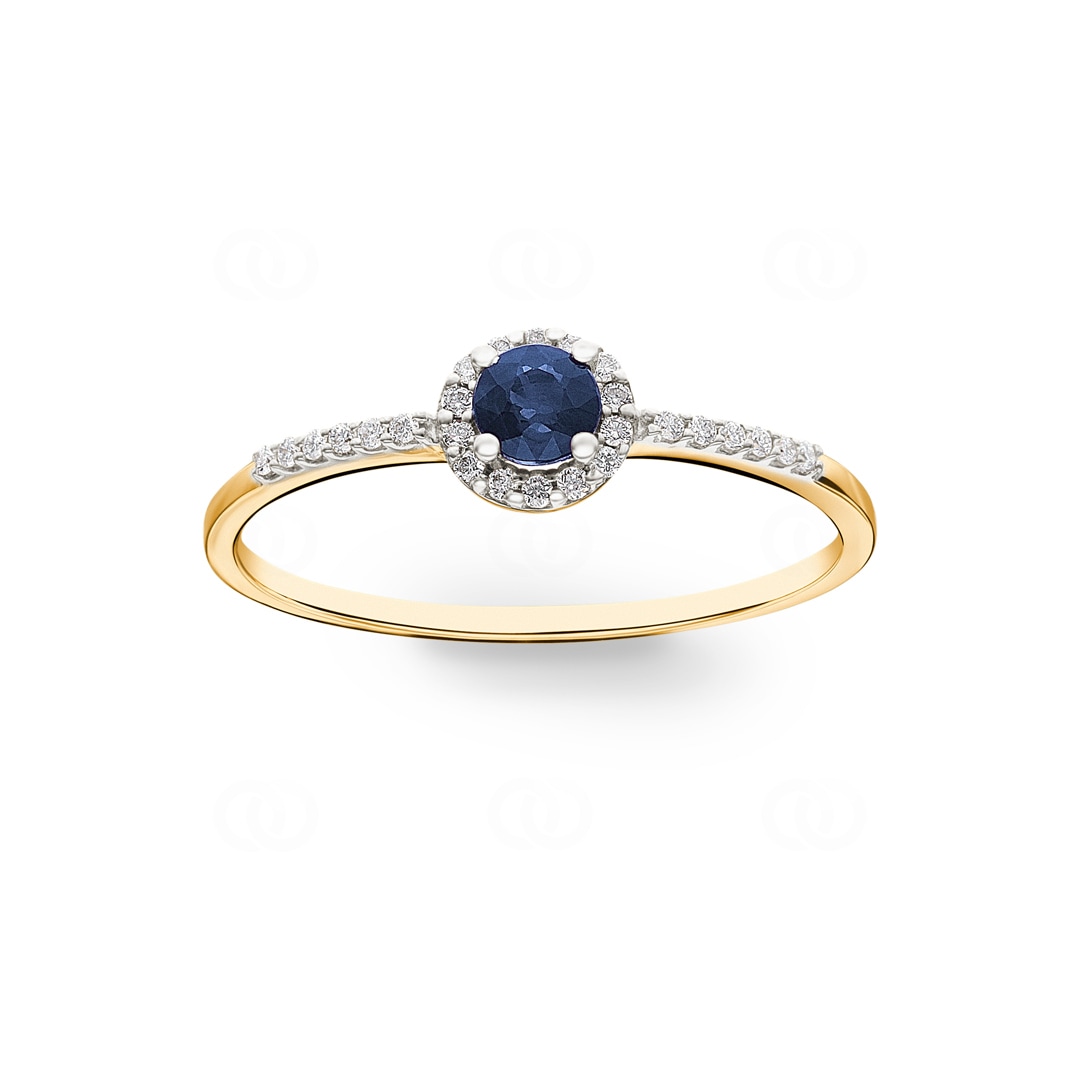 Damenring 750/18 K Gelbgold mit Saphir rund und Diamanten 0.07 ct H/si