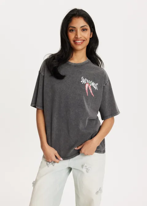 T-shirt met print spicy en sweet antraciet (ANTRA)