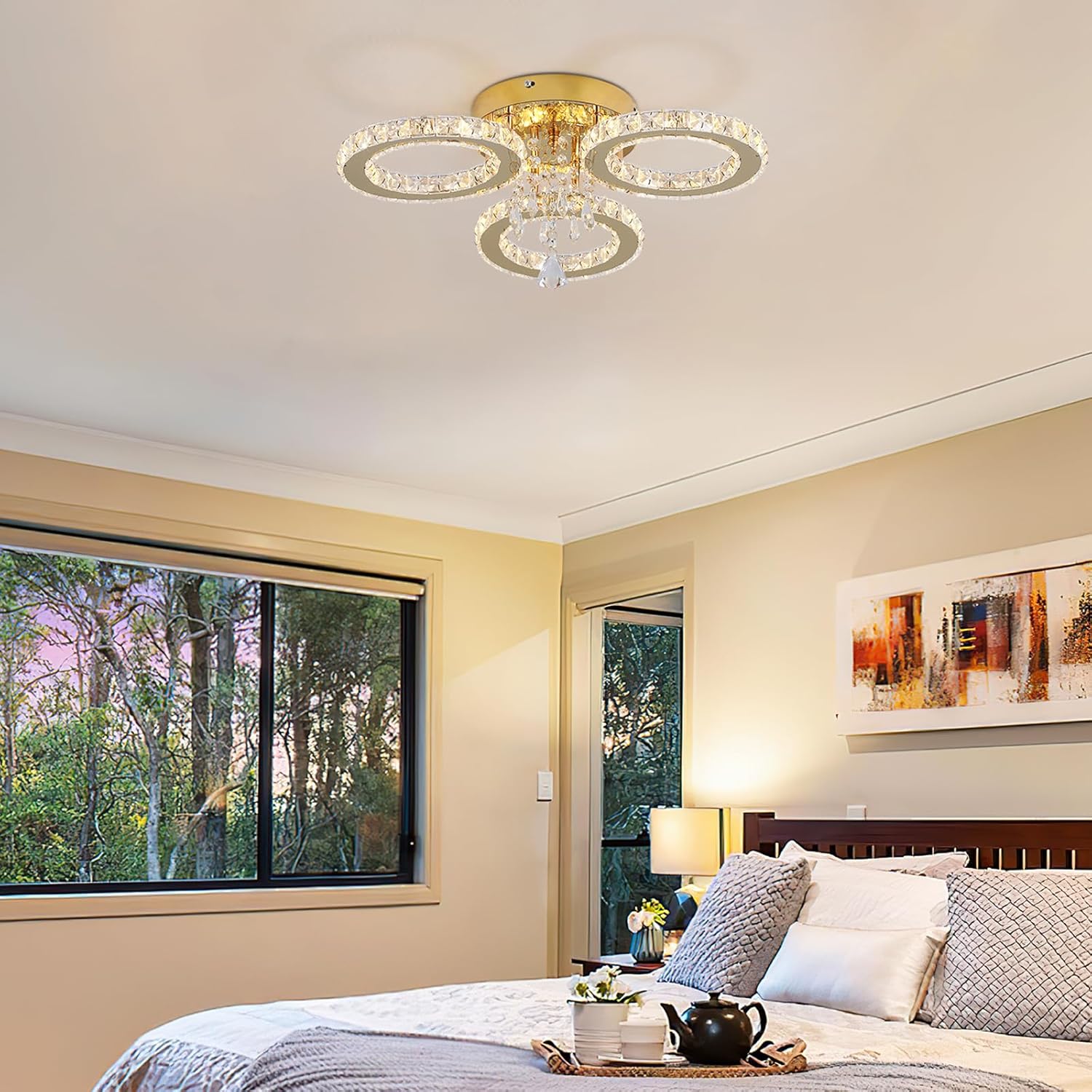 VETRULUS Moderner Kristall-LED-Kronleuchter – Goldene Deckenleuchte mit 3 Ringen, Dimmbar für Schlafzimmer, Esszimmer, Flur