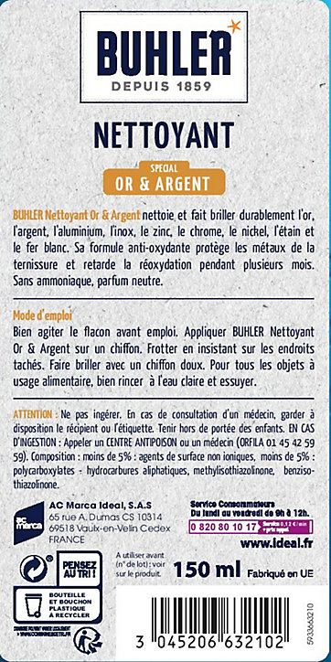 Nettoyant spécial argent or Buhler 150ml