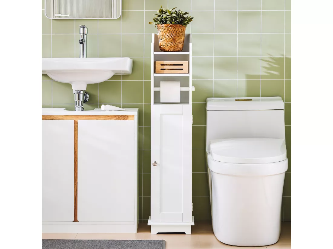 Support Papier Toilette Armoir Toilettes Porte Brosse WC en Bois – Blanc, FRG177-W