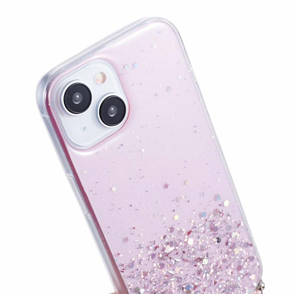 iPhone 15 Necklace Gummi Hülle im Glitzer Design   Handykette (140cm) - Rosa / Transparent