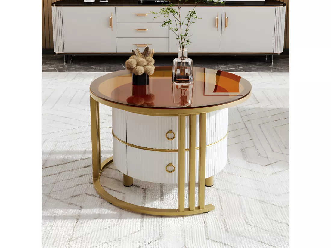 Lot de 2 tables basses gigognes avec 2 tiroirs - plateau en verre trempé Marron - Blanc