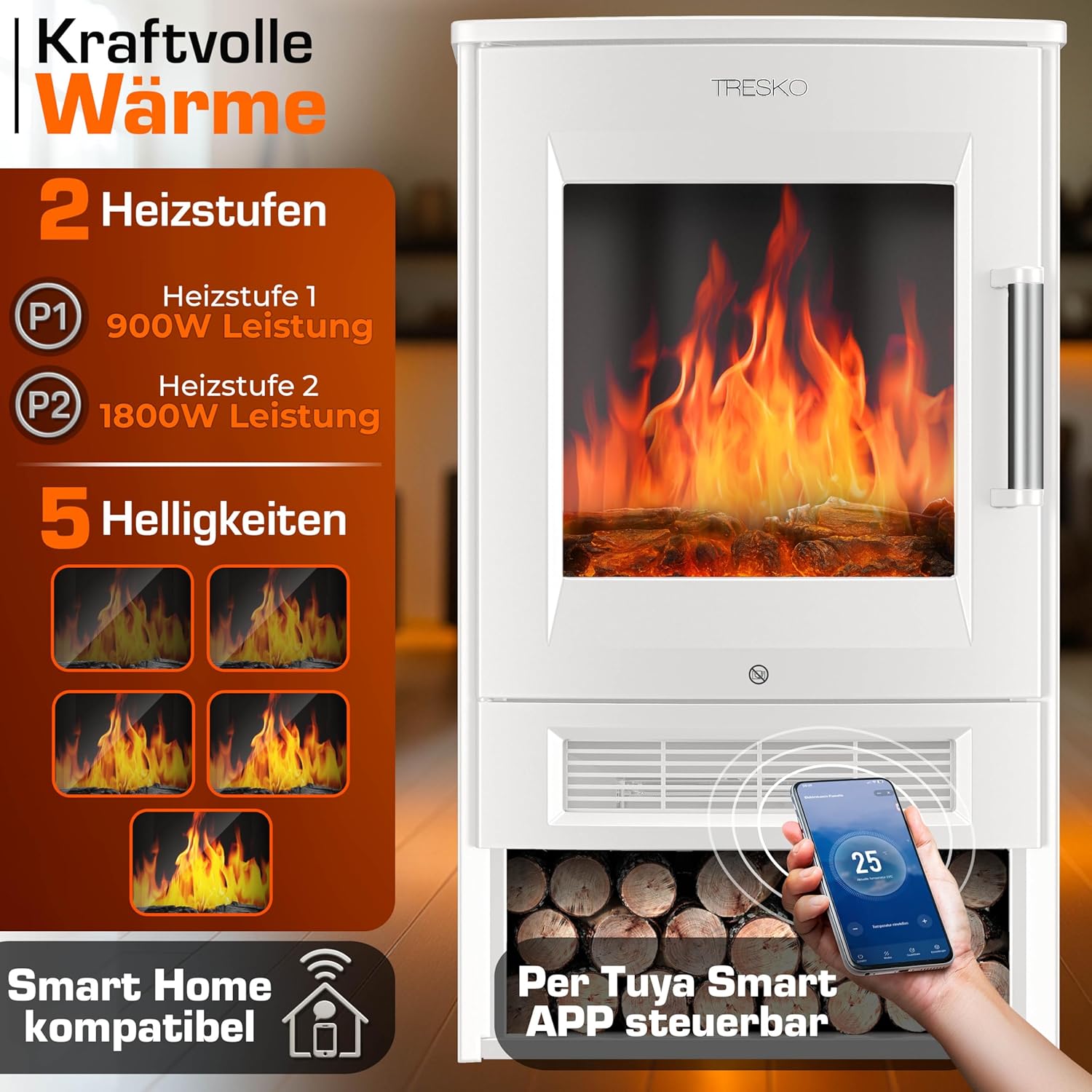 TRESKO® Elektrokamin mit Heizung inkl. Fernbedienung & WiFi App | Kamin elektrisch 1800W LED-Flammeneffekt Farbmodi | Kaminfeuer Thermostat, Timer | Elektro Kaminofen Standkamin 2 Heizstufen (Weiß)