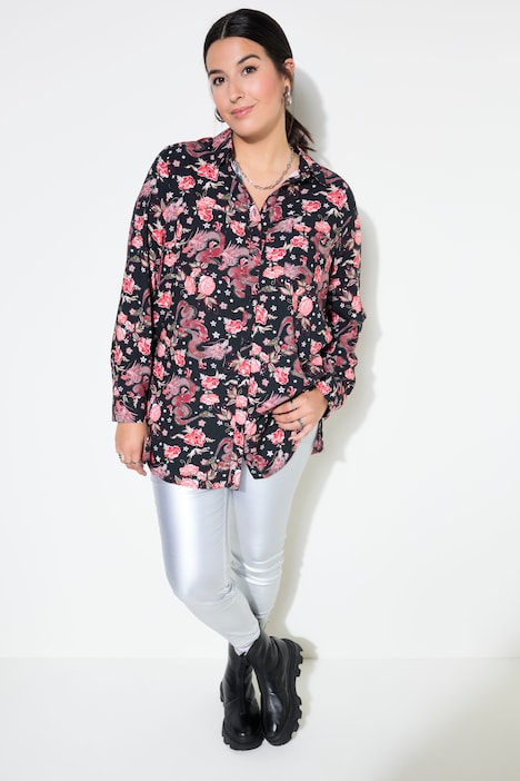 Hemdbluse, Boxy Shape, Asia-Print, Langarm