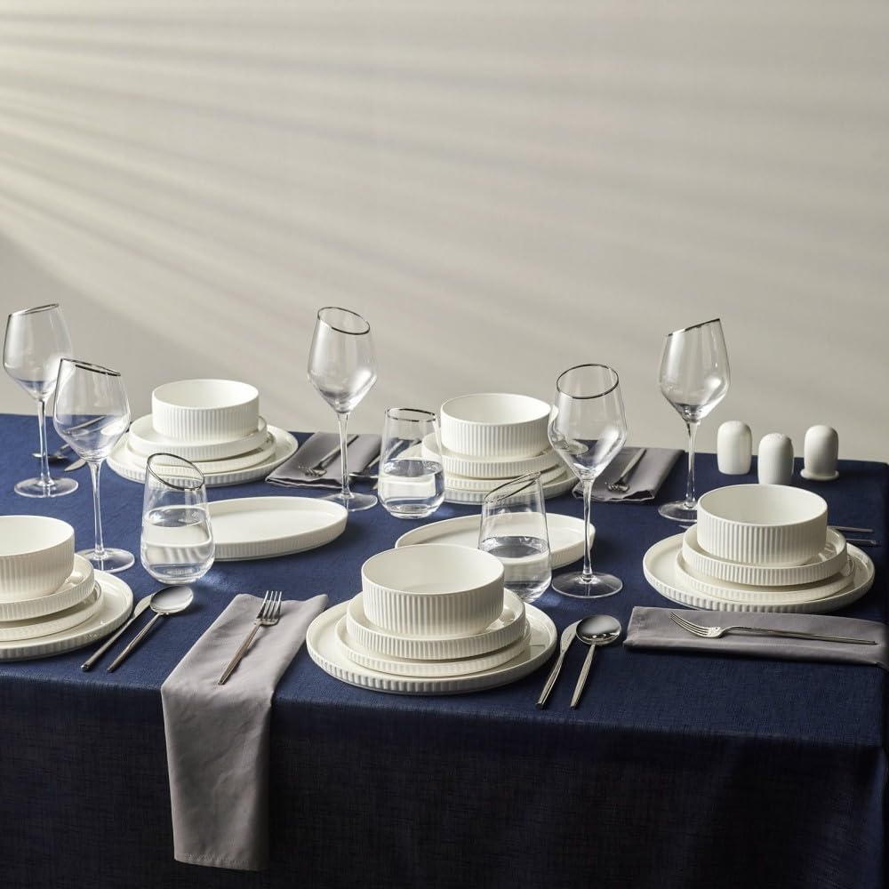 Karaca Forever Bone Pablito - 53-teiliges Geschirrset 12 Personen Modern, New Bone Teller Set Porzellan, Geschirr Set mit Müslischalen, Suppenschalen, Servierplatte, Pastateller, Dessertteller - Weiß