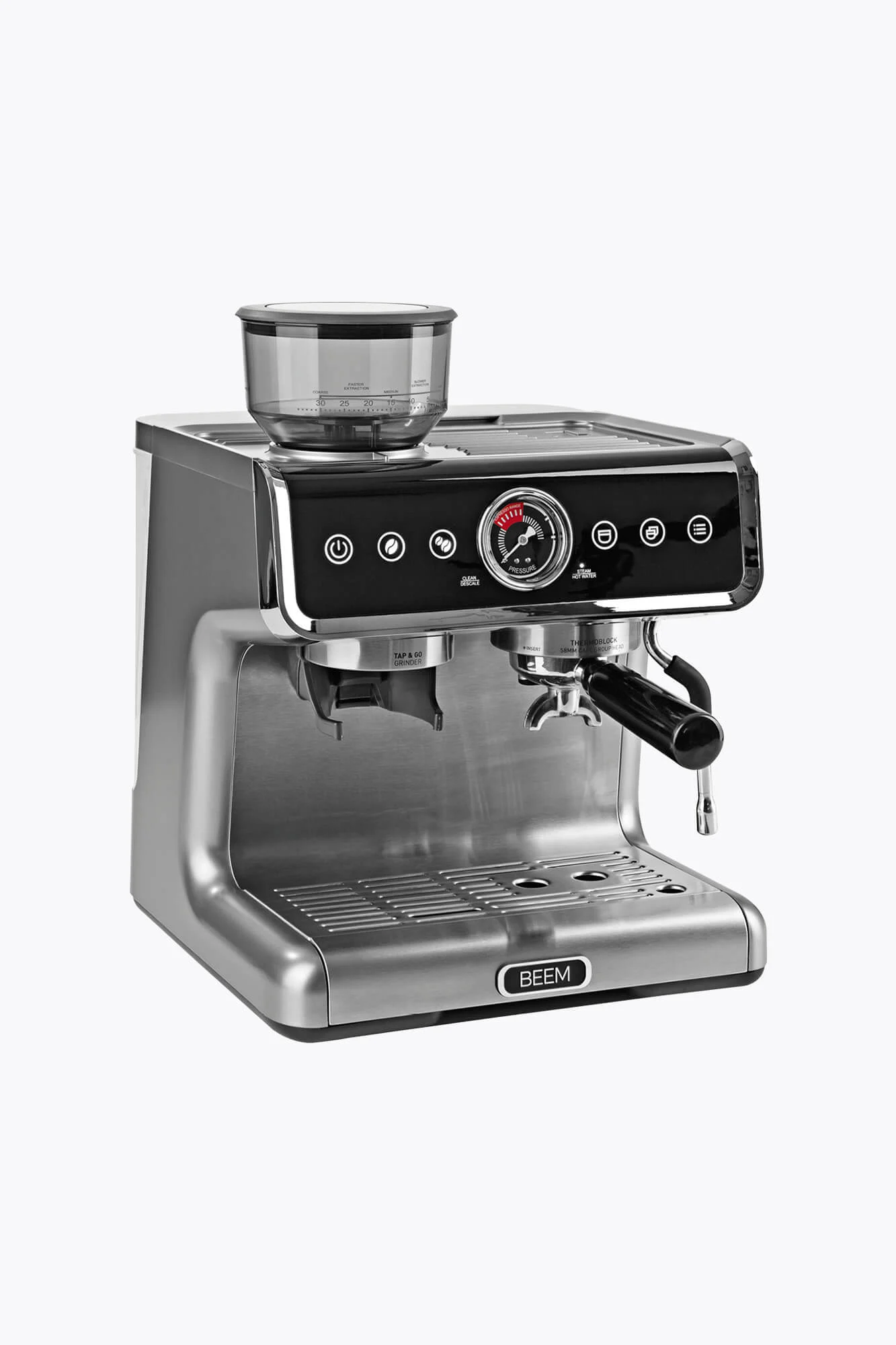BEEM Siebträgermaschine Grind Profession Edelstahl/Schwarz mit Mahlwerk
