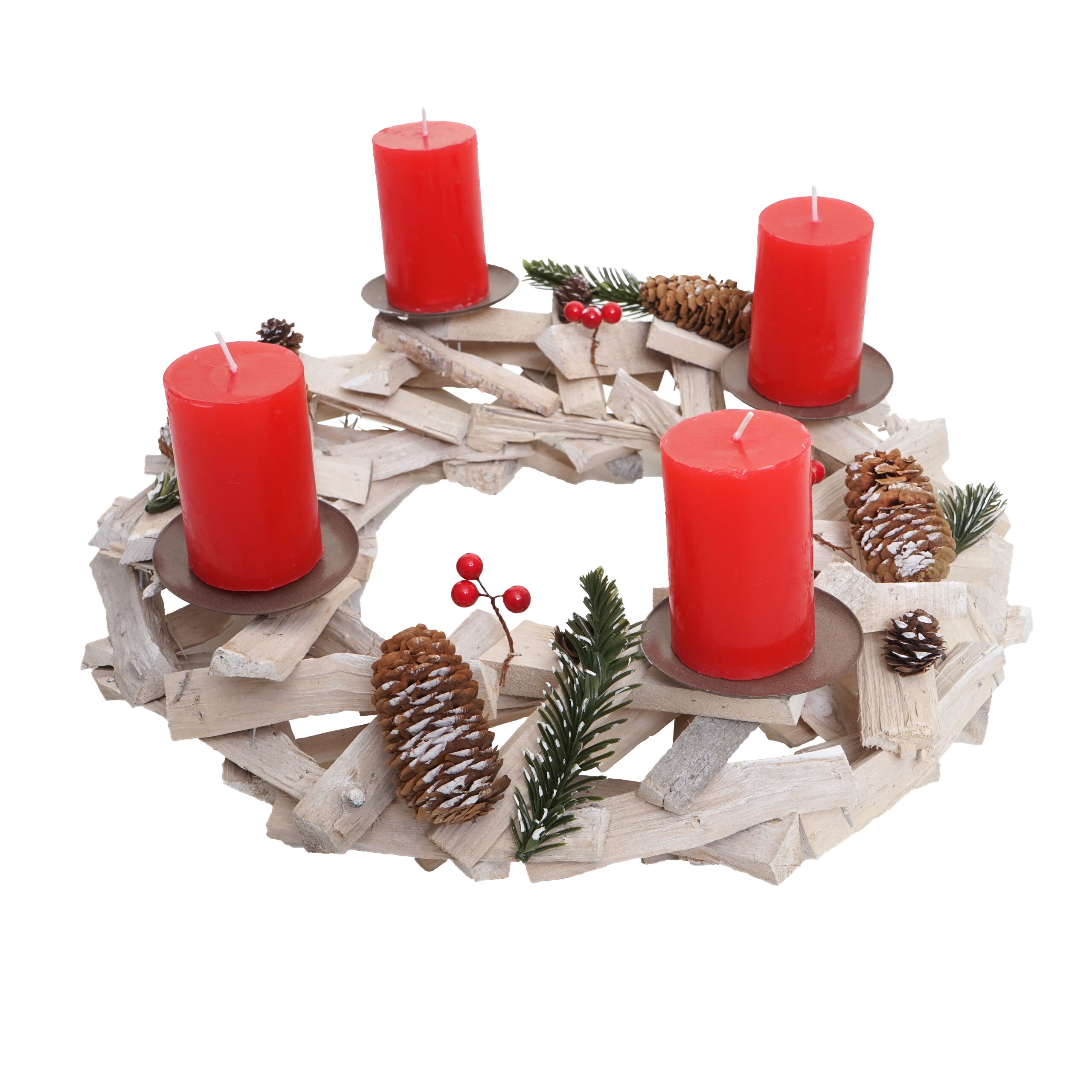 Tischkranz rund, Weihnachtsdeko Adventskranz, Holz Ø 40cm weiß-grau ~ mit Kerzen, rot