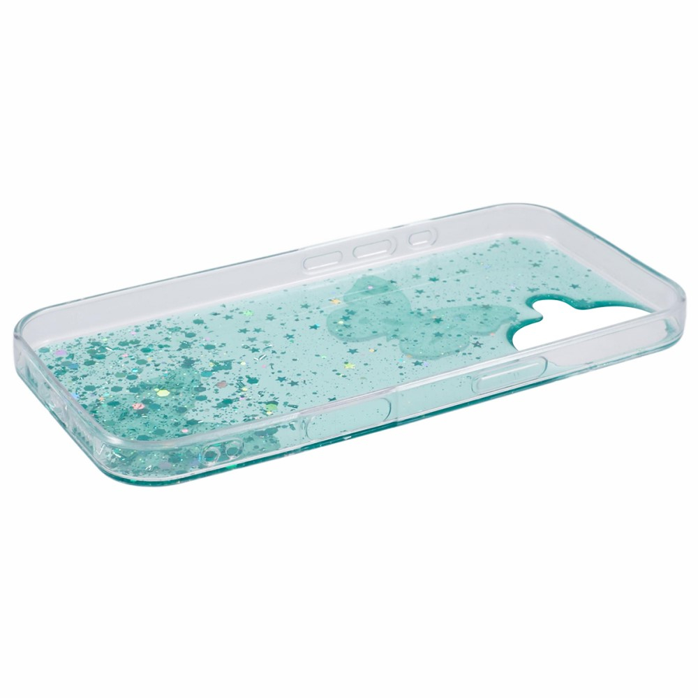 iPhone 16 Hybrid Hardcase Schutzhülle im Glitzer Design Schmetterling - Grün / Transparent