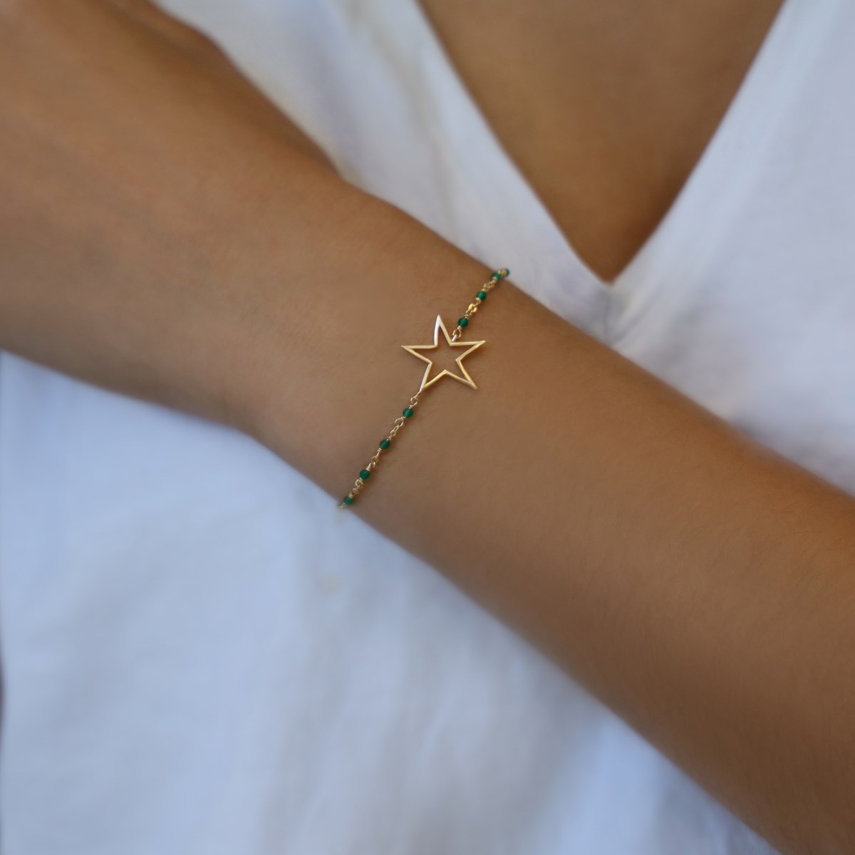 Bracelet Argent Doré étoile Et Pierre Onyx Vert