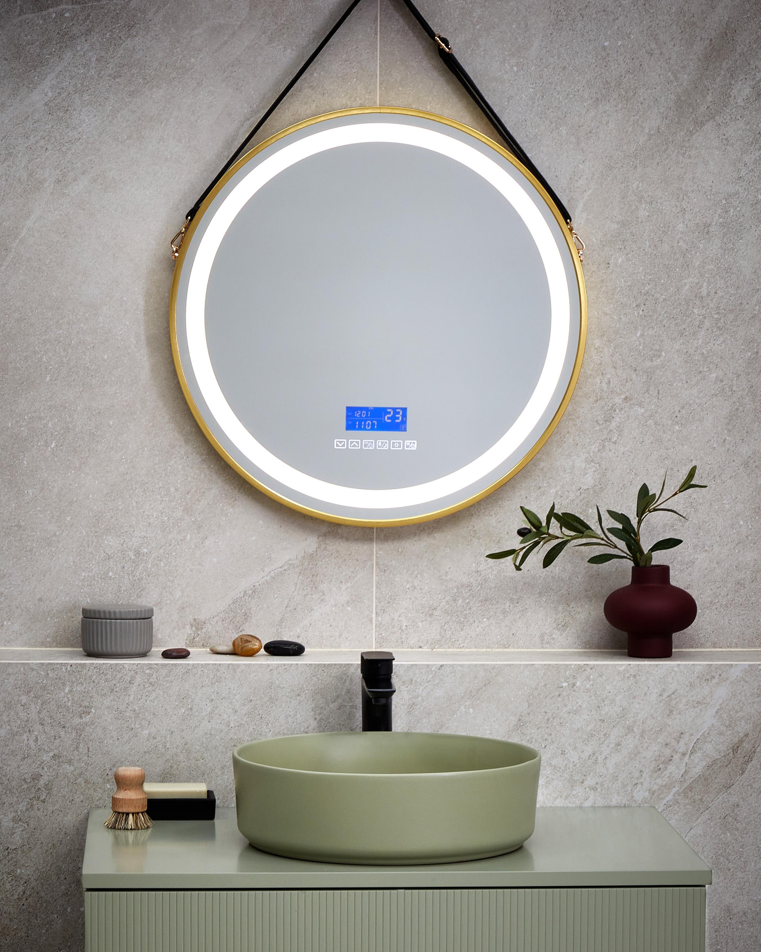 LED badkamerspiegel DAROIS 60 cm 60 cm met ingebouwde Bluetooth speaker Goud