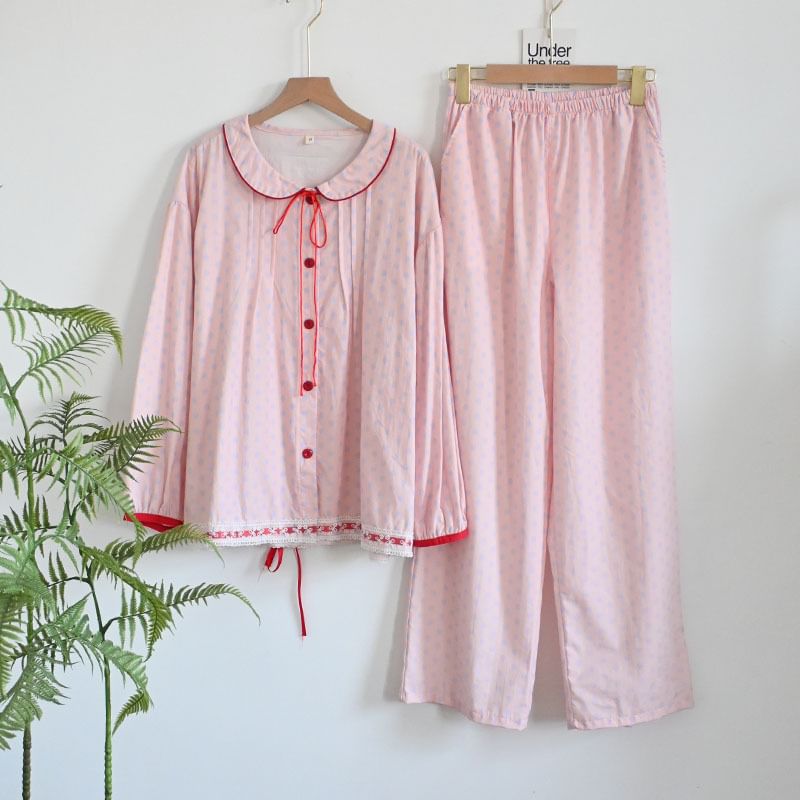 Somnus - Pyjamaset: Shirt met kanten rand en stippen + Broek