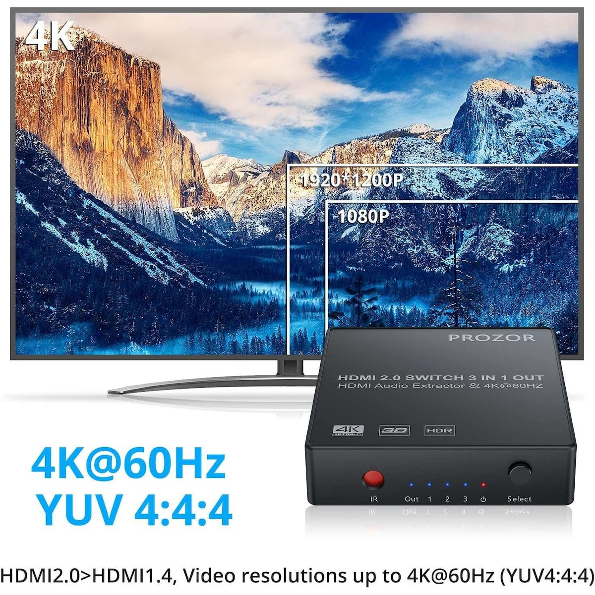 NÖRDIC HDMI-svitsj 3 til 1 4K30Hz 3D PIP med lydavtrekk 1xOptisk toslink 1x stereo 3,5mm