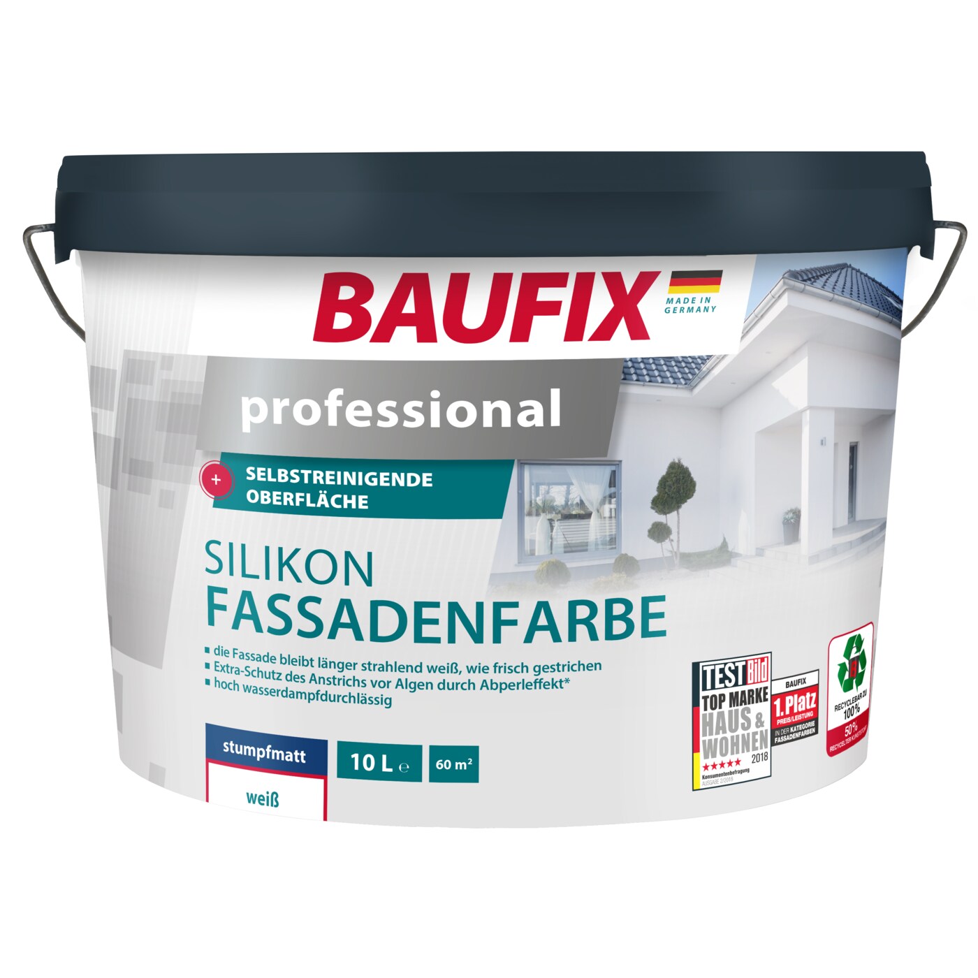 BAUFIX professional Silikon Fassadenfarbe weiss stumpfmatt, 10 Liter, Außenwand Farbe
