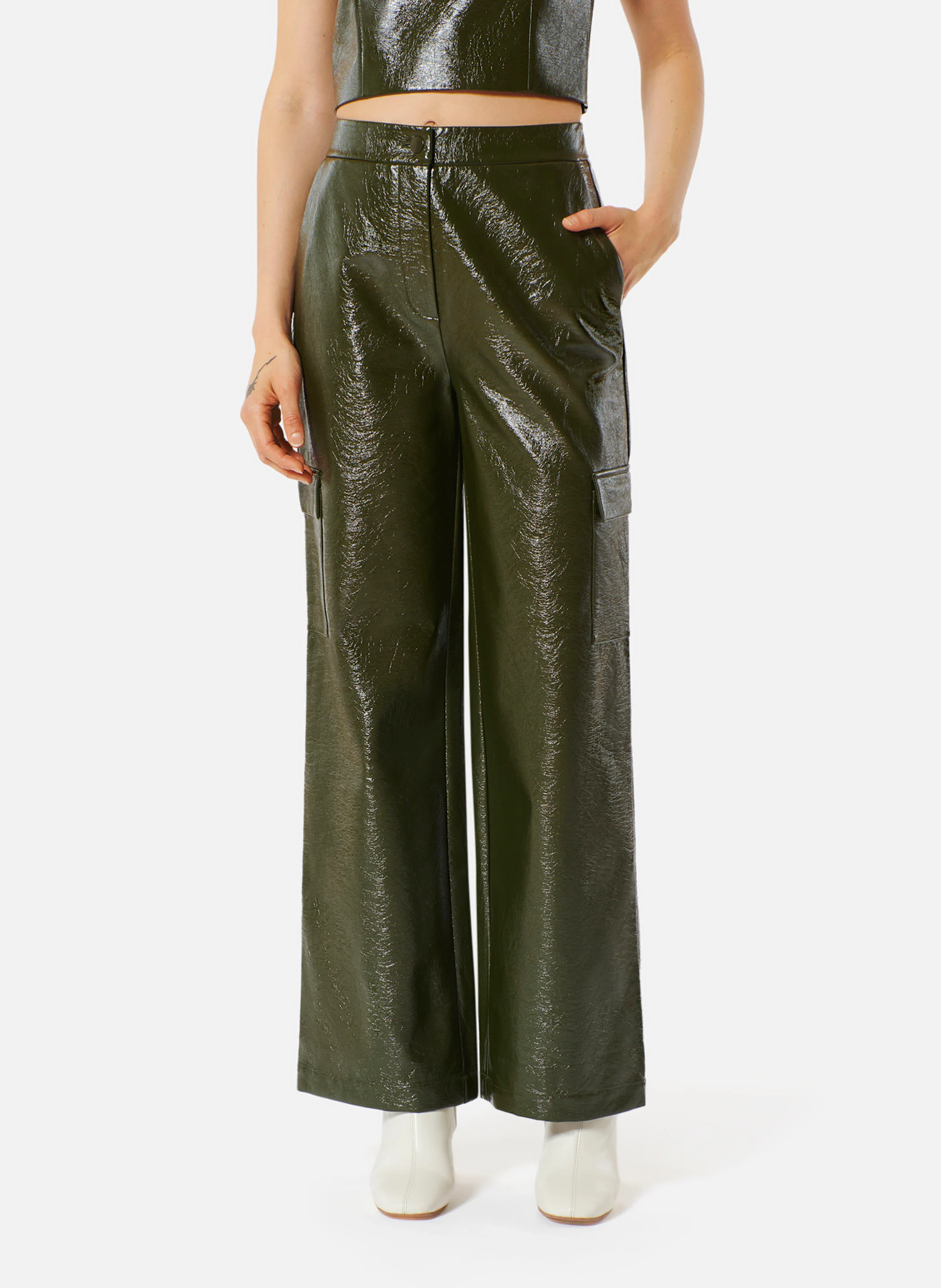 PARADIS - Pantalon large taille haute effet cuir | Vert