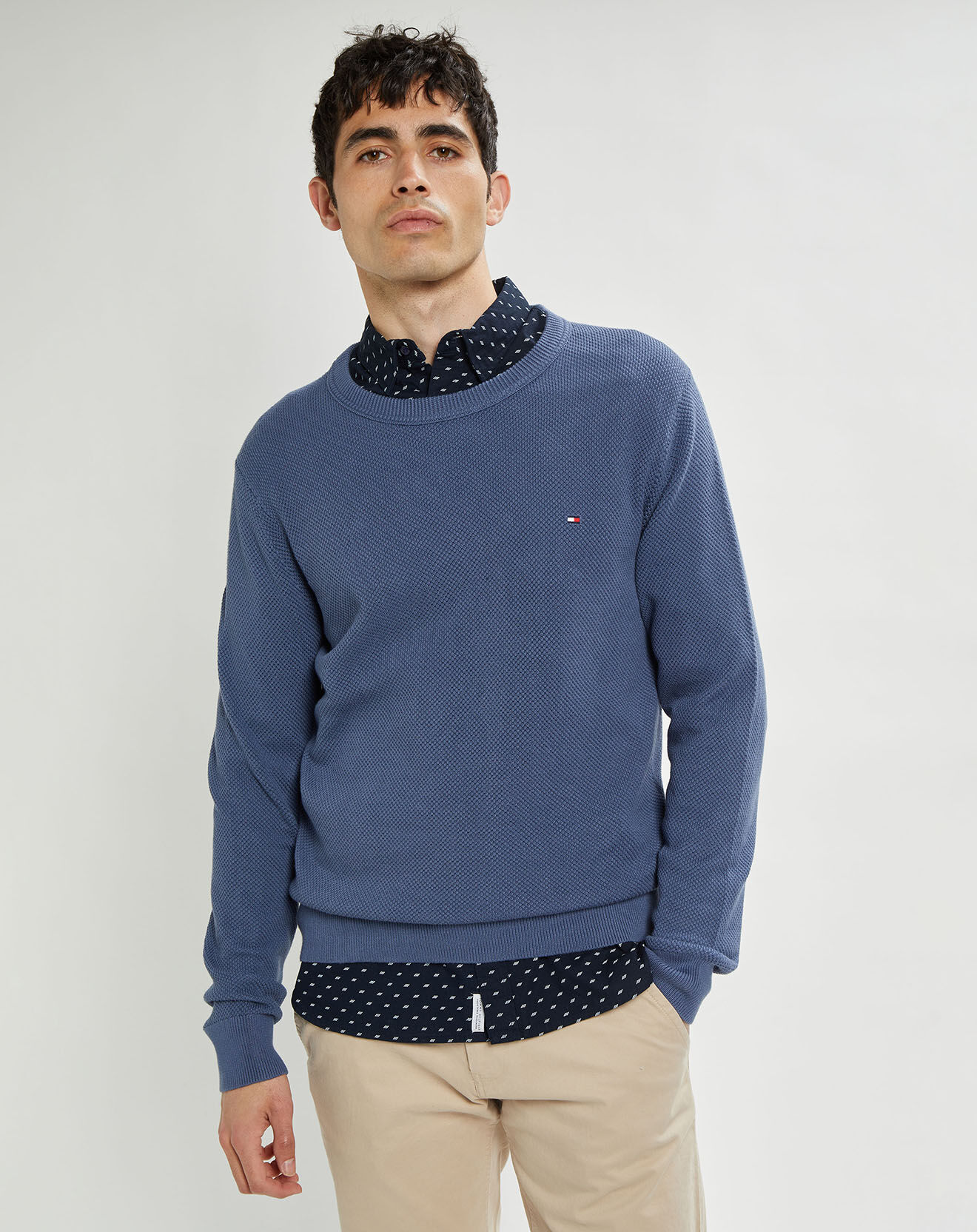 Tommy Hilfiger Pull piqué Structure col rond bleu foncé