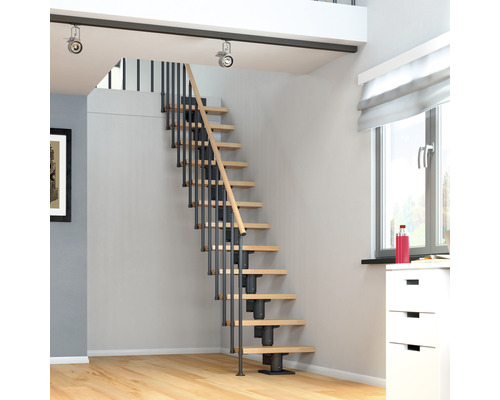 Pertura Spiros Antraciet Middentrap, Recht, 65 cm, Balustrade van gelijmd beukenhout, Gelakt, 11 Treden / 12 Stootborden