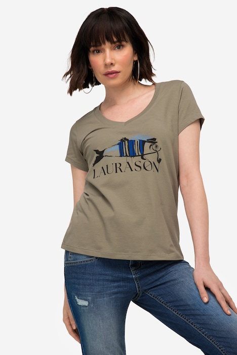 T-Shirt, Fisch Motiv, V-Ausschnitt, Halbarm