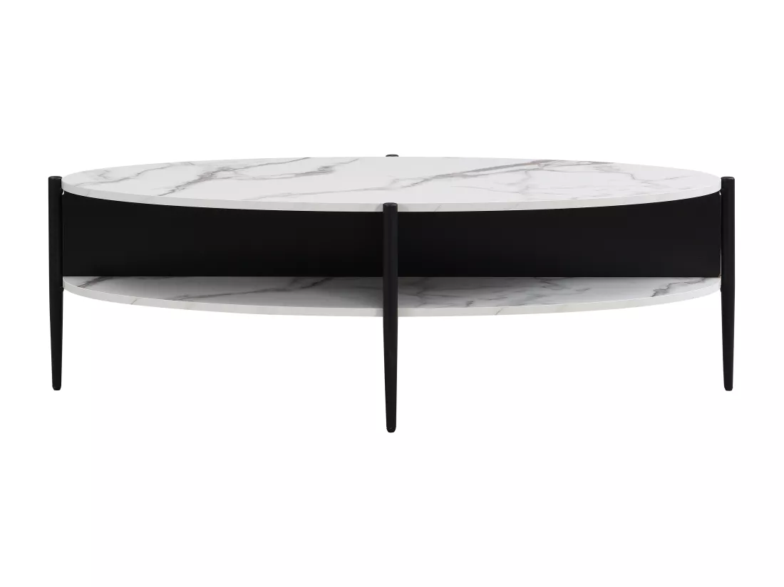 Table basse ovale avec 4 niches en MDF et métal - Effet marbre blanc et noir - EVARO