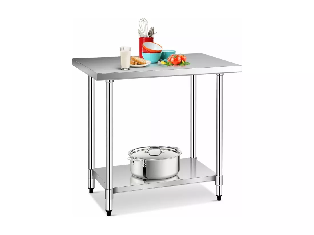 Table de Travail Cuisine en Acier Inoxydable 61 x 92 x 90 cm, Plan de Travail Cuisine avec 2 Étagère, Charge 250 kg, Extérieur/Intérieur pour Cuisine, Restaurant, Jardin, Hôtel