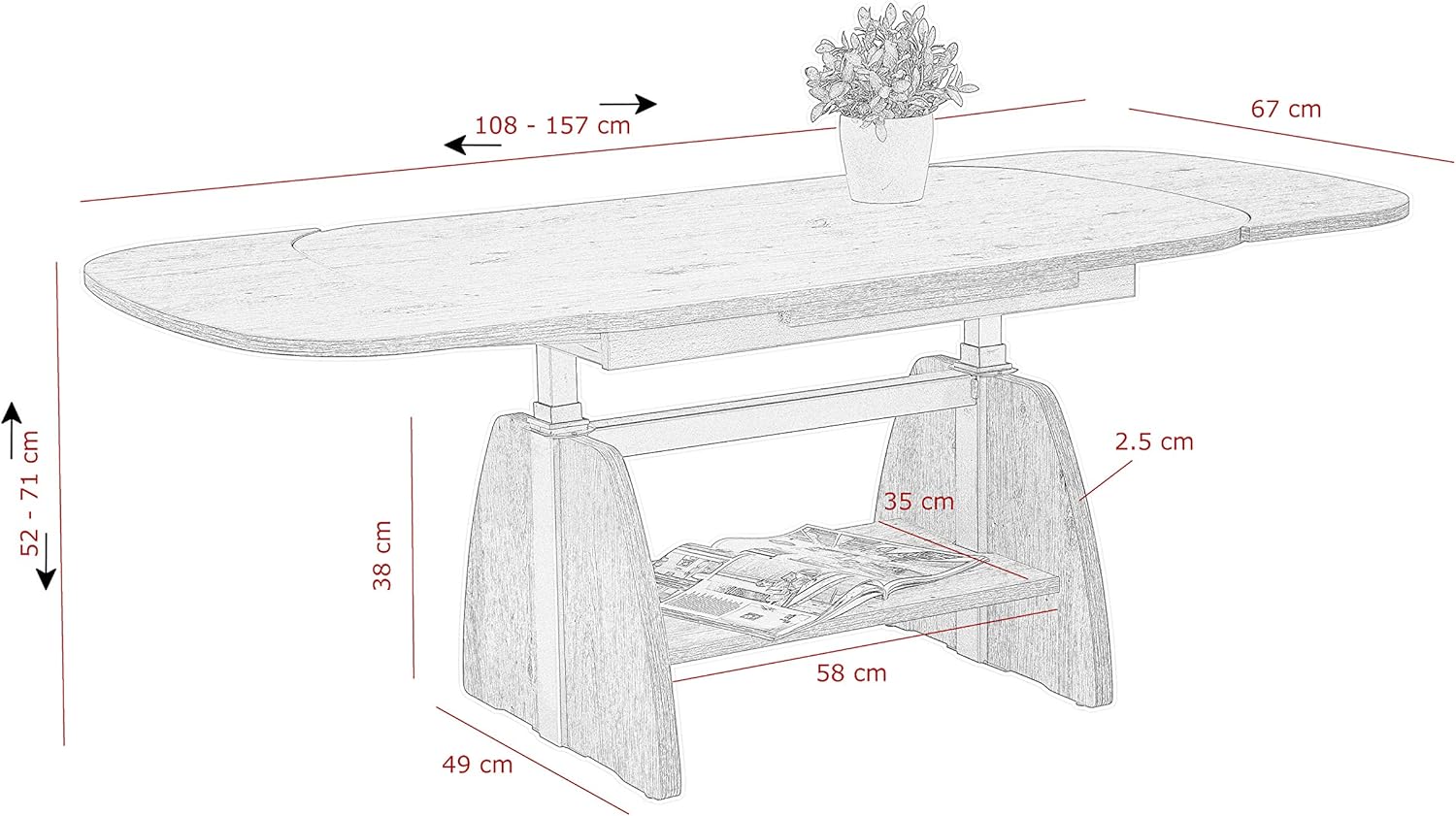 Hela Tische, Funktionscouchtisch Colin, Holzwerkstoff melaminbeschichtet, Dekor Weiß, Ablageboden, ausziehbar 107-156, höchenverstellbar mit Lift 53-69cm