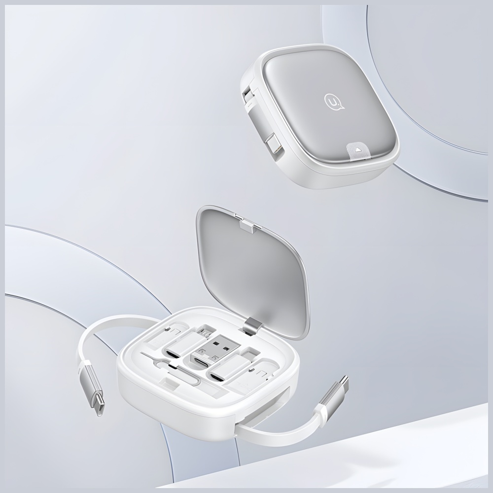 (1m) 60W 3in1 Mini Ausziehbares USB C auf USB C / Lightning / Micro USB Ladekabel Datenkabel mit Aufbewahrungsfach (USA001335) - Schwarz