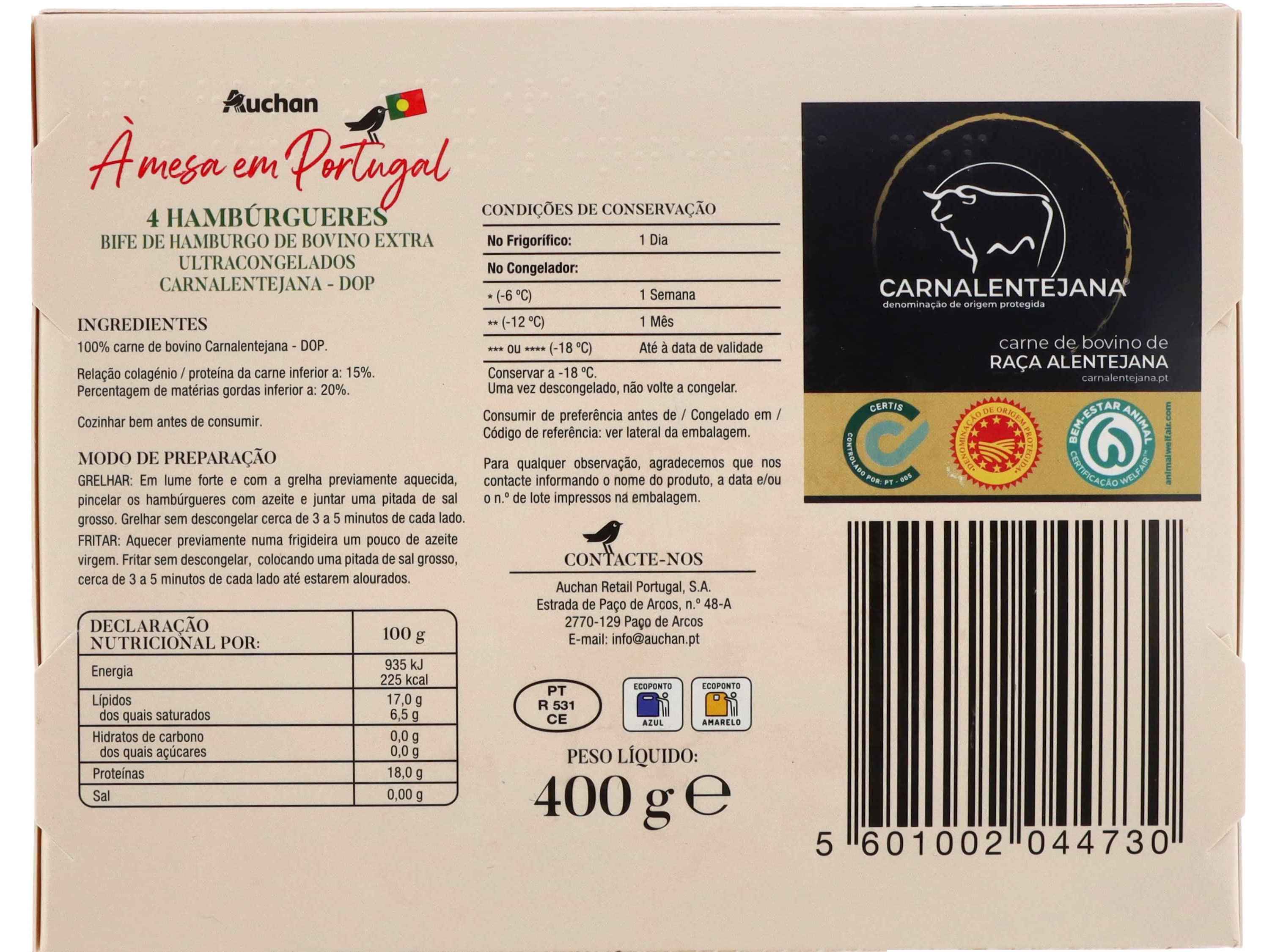 HAMBÚRGUERES DOP AUCHAN À MESA EM PORTUGAL 100% BOVINO ALENTEJANO 4X100G