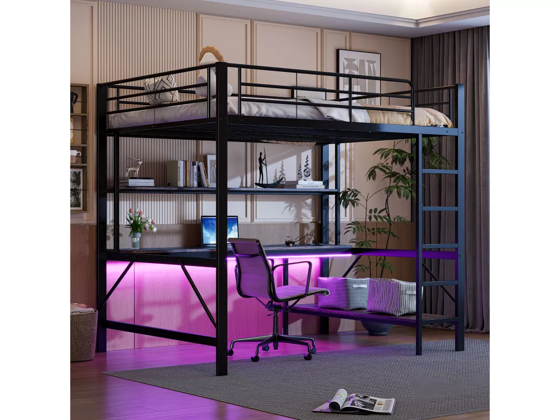 Lit mezzanine garde-corps et escabeau - 140 x 200 cm - avec USB et secteur - LED et bureau - sans matelas - métal - white