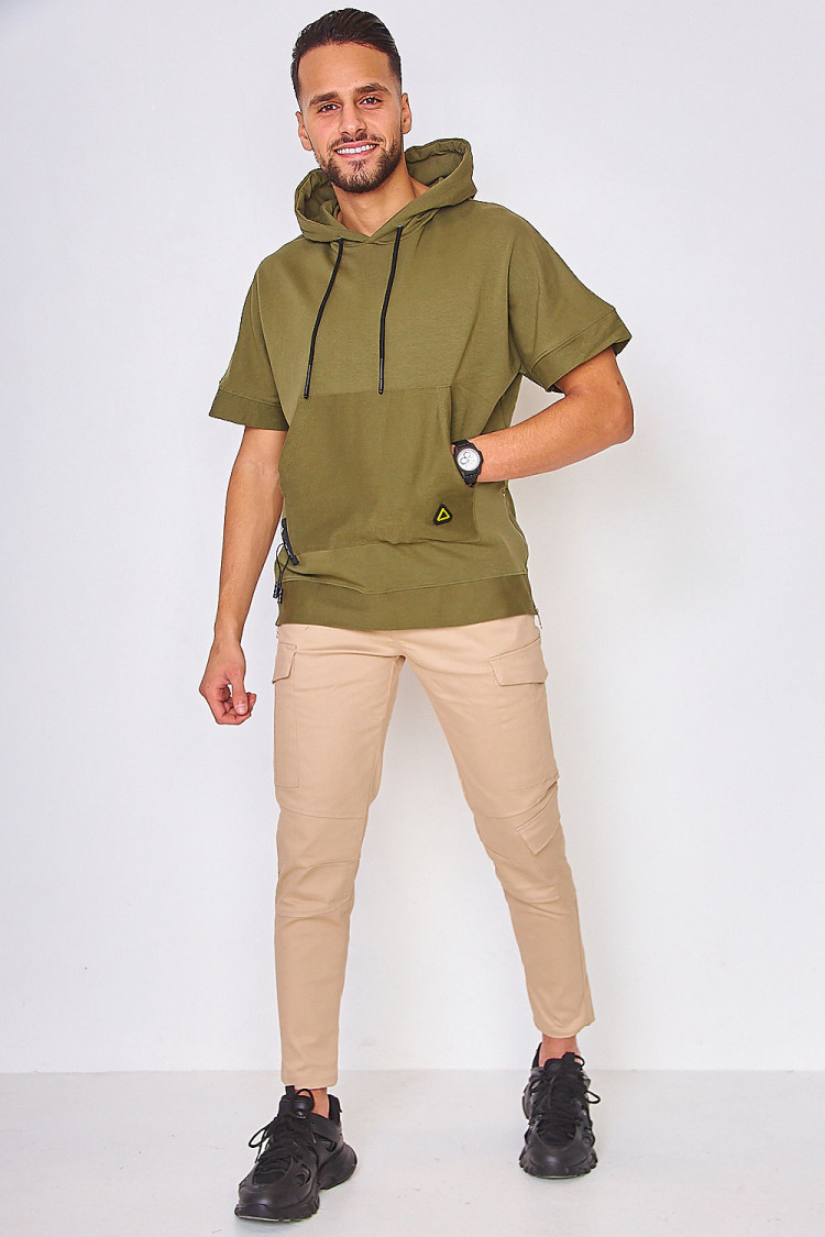 Sweat à capuche kaki manches courtes