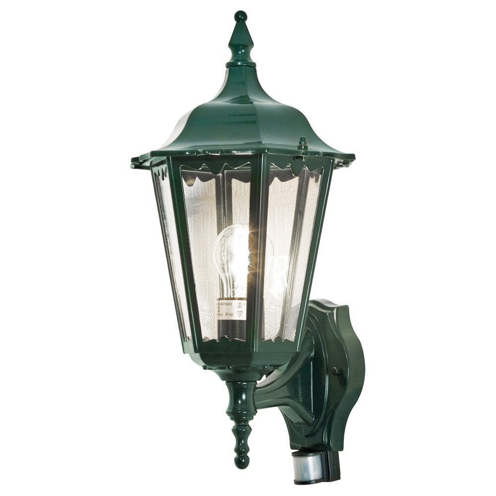 Harmonieuze Firenze wandlamp van groen aluminium en helder glas, met bewegingsmelder, E27-fitting, IP44