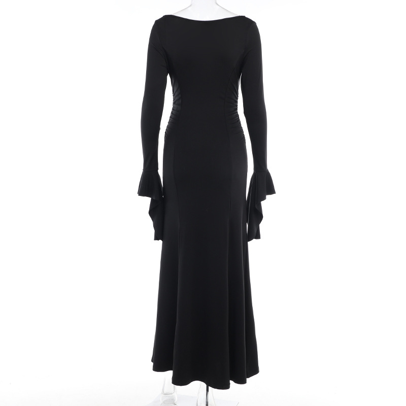 (160cm) Fasnachts Erwachsenen Kostüm Bodenlanges Vampir Kleid Morticia Addams Verkleidung für Motto Partys / Halloween - Schwarz