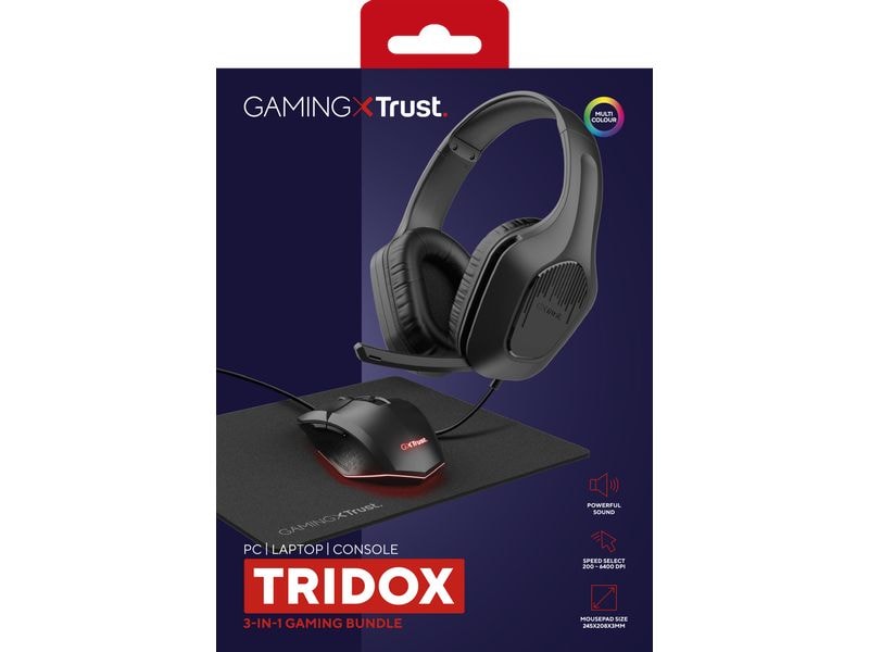 Trust 3-in-1-Gaming-Paket GXT 790 3-in-1-Gaming-Paket mit leichtem Headset, beleuchteter Maus und Mauspad